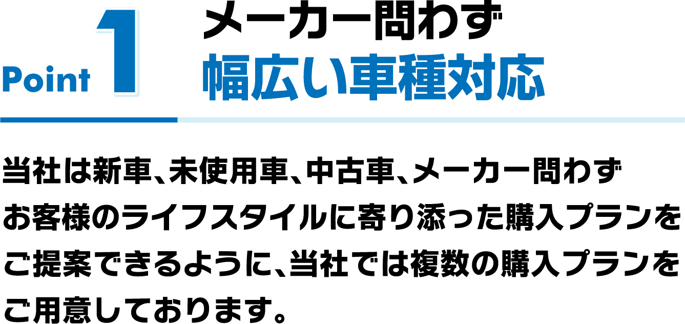 メーカー問わず幅広い車種対応 当社は新車、未使用車、中古車、メーカー問わずお客様のライフスタイルに寄り添った購入プランをご提案できるように、当社では複数の購入プランをご用意しております。